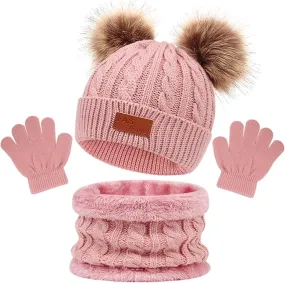 Kids Winter Beanie Hat Scarf Gloves Set 3 in1, 3Pcs Knit Warm Toddler Winter Cap Gloves Neck Warmer for Boys Girls 1-6 Year, Winter Accessories Sets