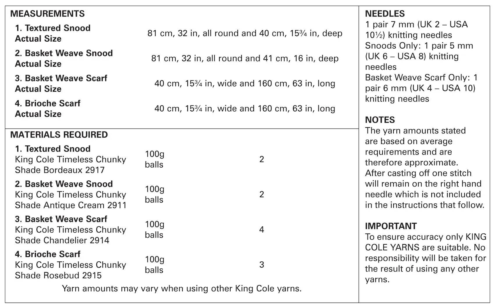 King Cole Chunky Knitting Pattern - Ladies Snoods & Scarves (5184)