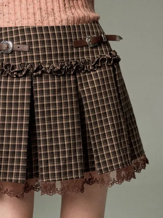 Lace Pleated Skirt With Belt Design