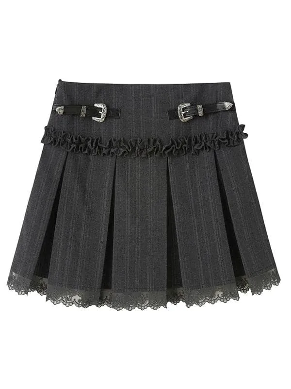 Lace Pleated Skirt With Belt Design