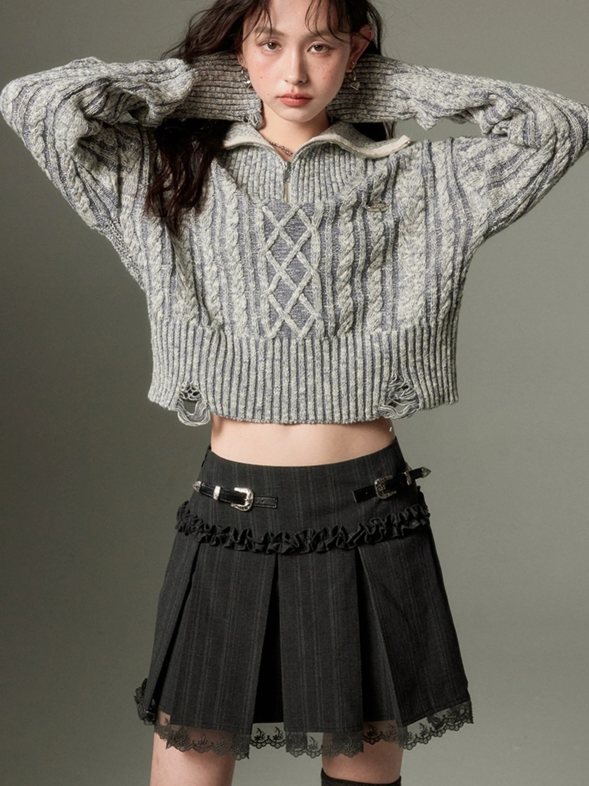 Lace Pleated Skirt With Belt Design