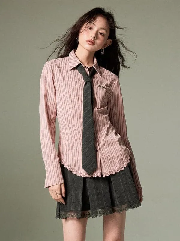 Lace Pleated Skirt With Belt Design