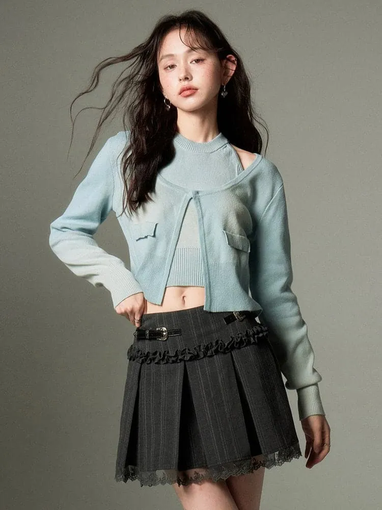Lace Pleated Skirt With Belt Design