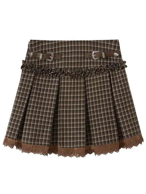 Lace Pleated Skirt With Belt Design