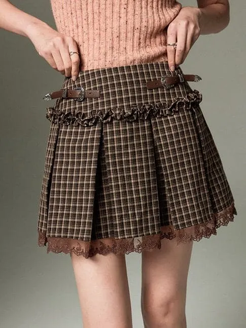Lace Pleated Skirt With Belt Design