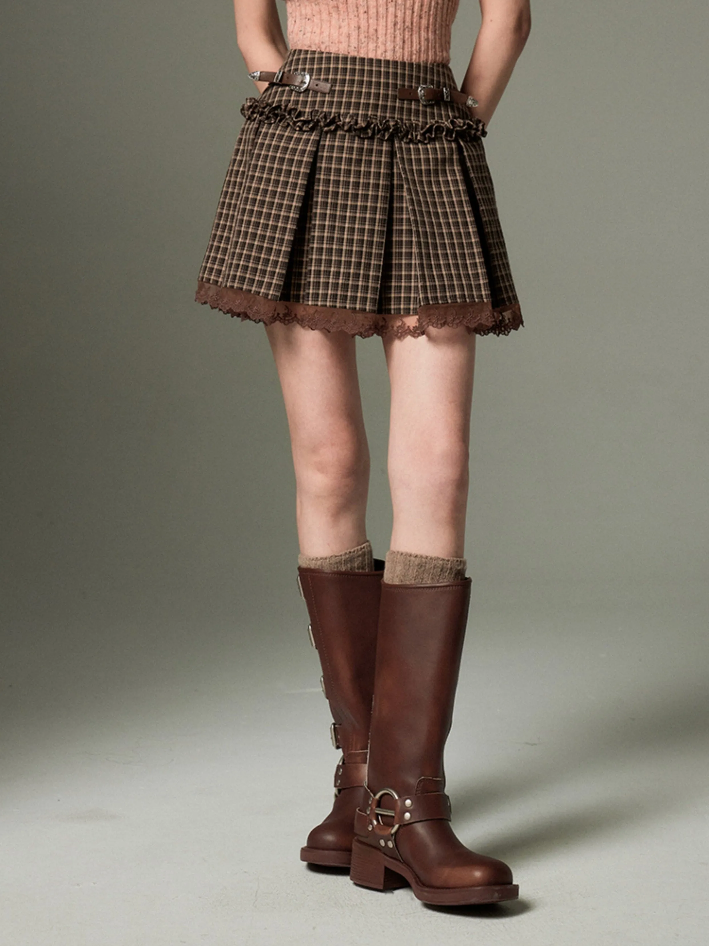 Lace Pleated Skirt With Belt Design
