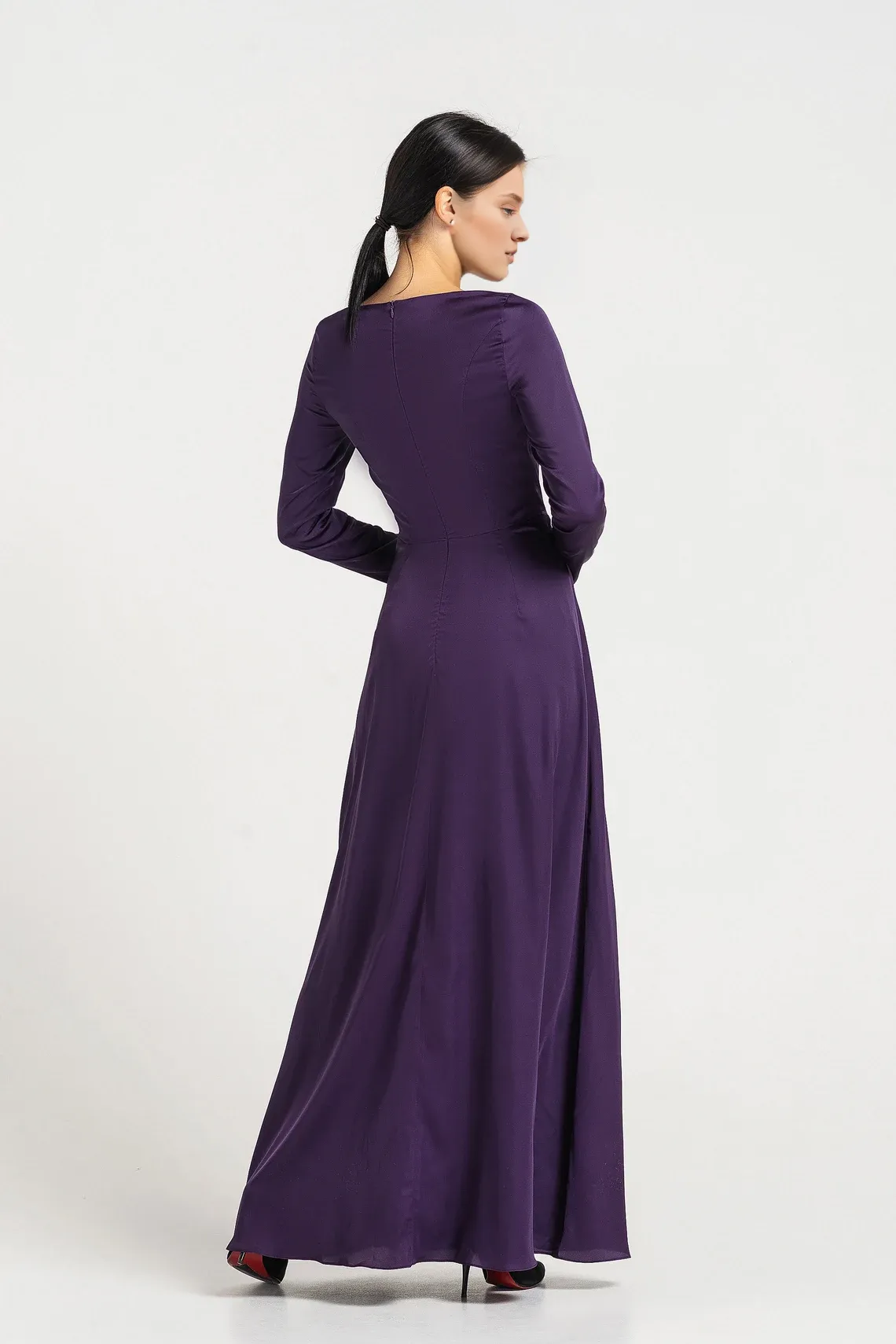 Long Cocktail Dresses Purple Wedding Guest Dress Long Sleeve Maxi Bridesmaid Dress