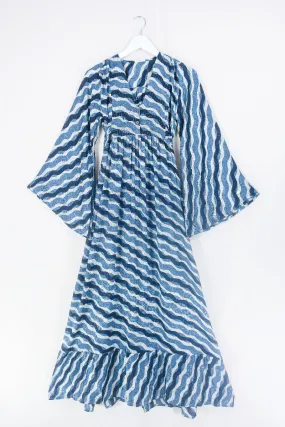 Lunar Maxi Dress - Vintage Sari - Salt White, Onyx & Slate Blue - Size XS