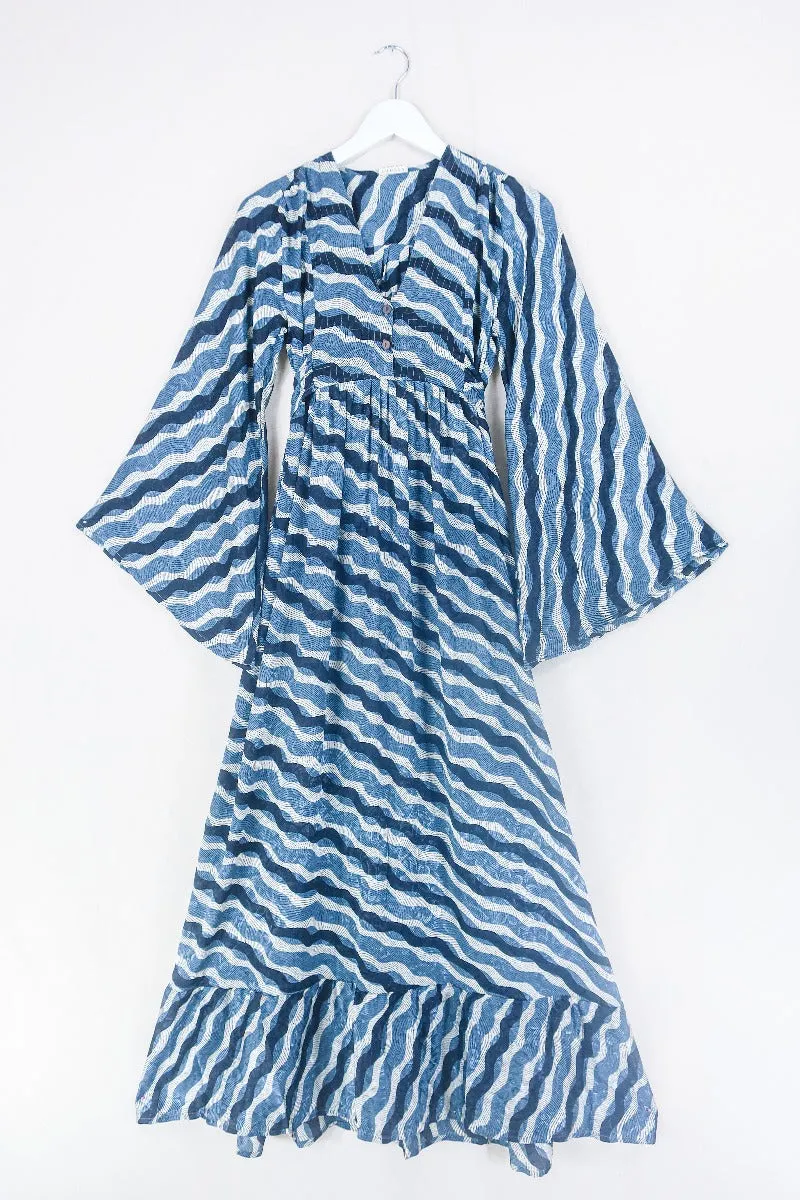 Lunar Maxi Dress - Vintage Sari - Salt White, Onyx & Slate Blue - Size XS