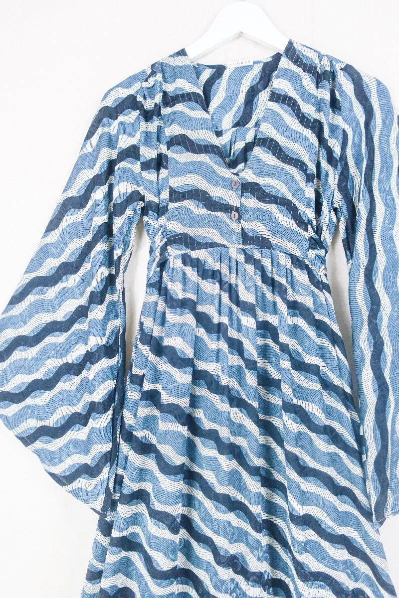 Lunar Maxi Dress - Vintage Sari - Salt White, Onyx & Slate Blue - Size XS