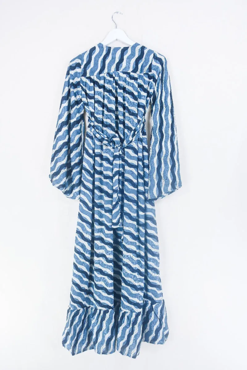 Lunar Maxi Dress - Vintage Sari - Salt White, Onyx & Slate Blue - Size XS
