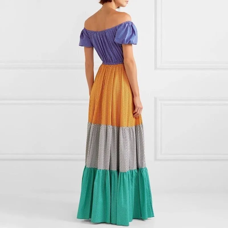 Off Shoulder Casual Polka Dot Short Sleeve High Waist Hit Maxi Dress