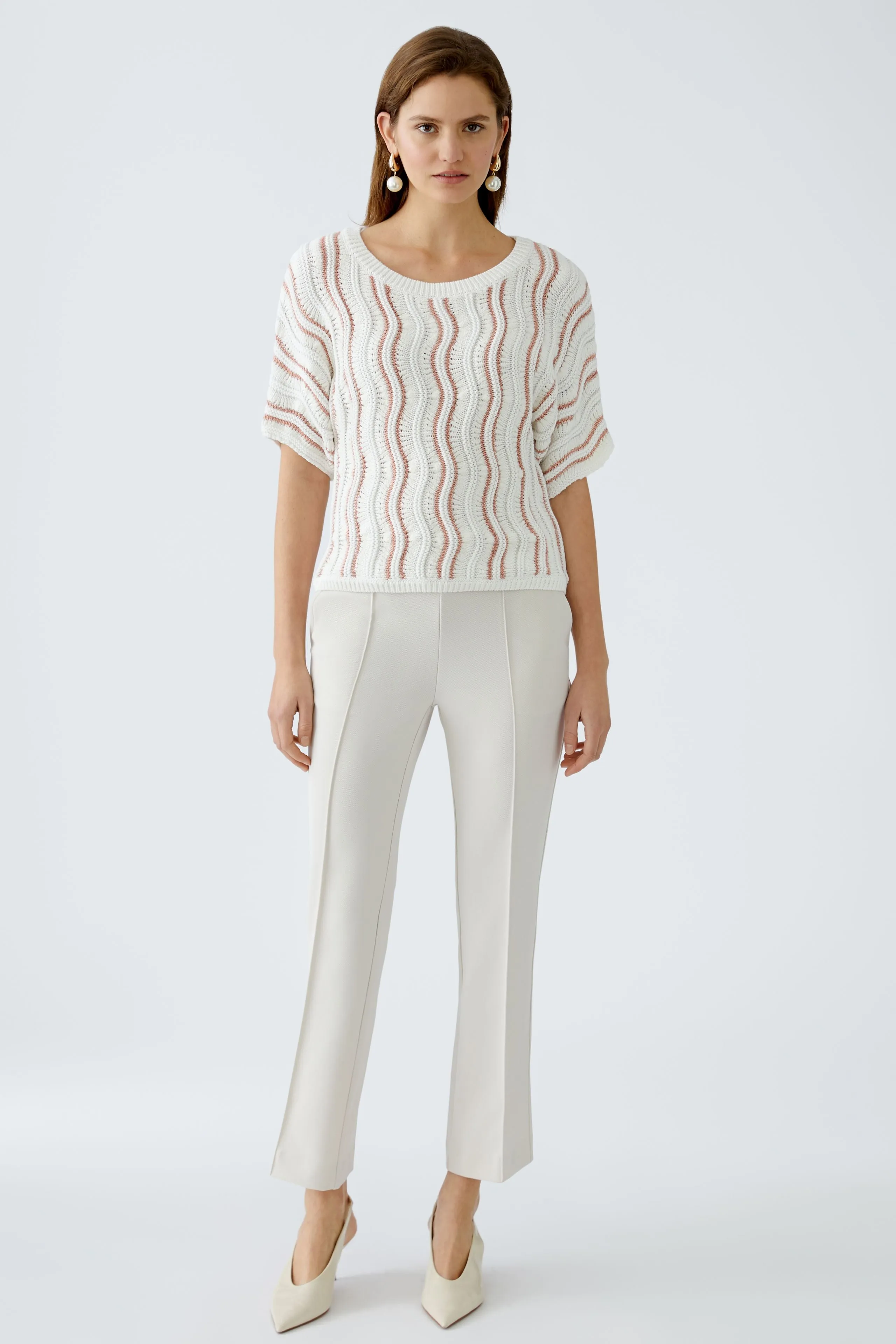 Oui Off White Cropped Bootcut Cut Trousers