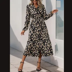 Perfee Printed Long Sleeve Midi Dress