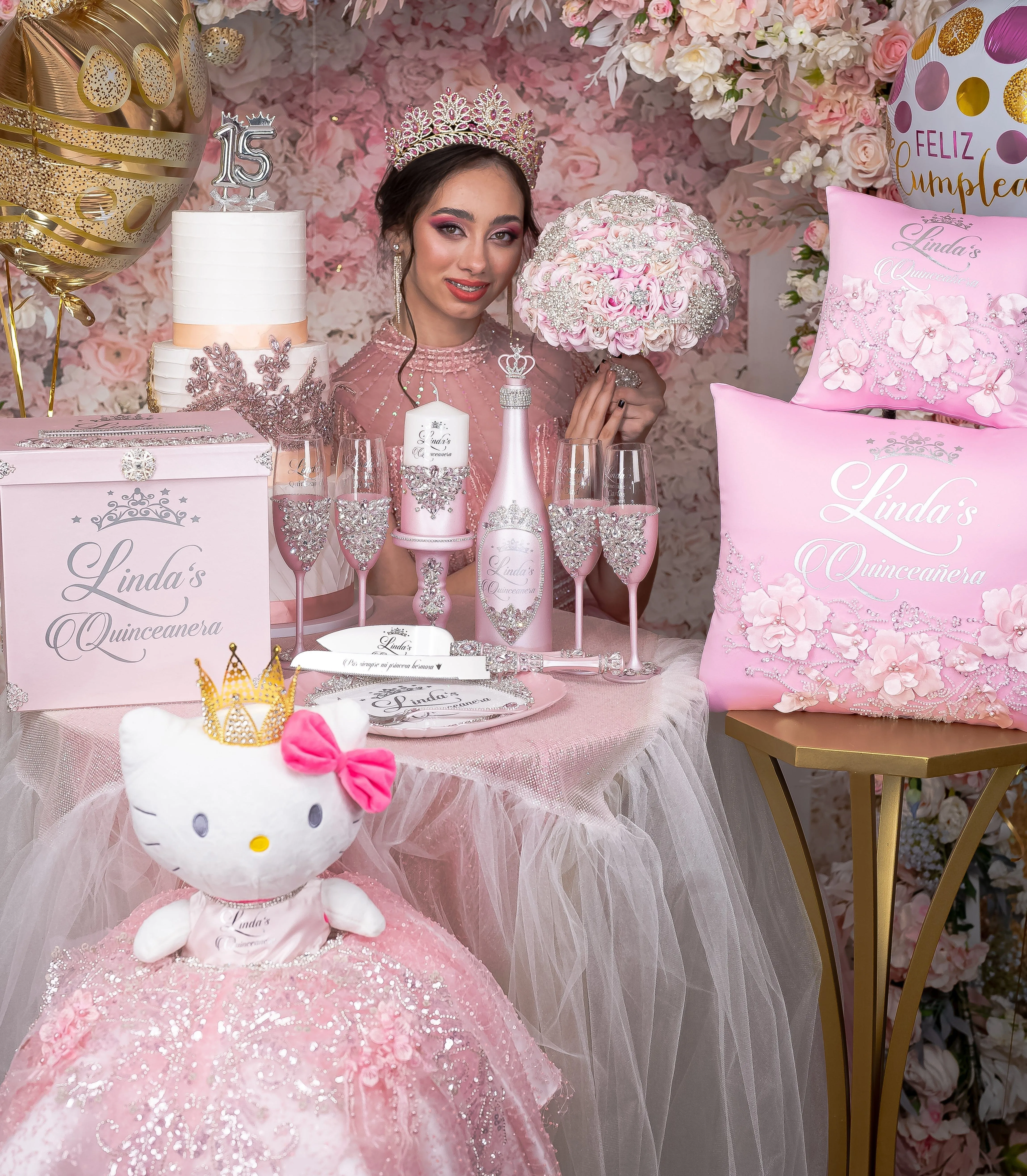 Pink silver last teddy bear for quinceanera
