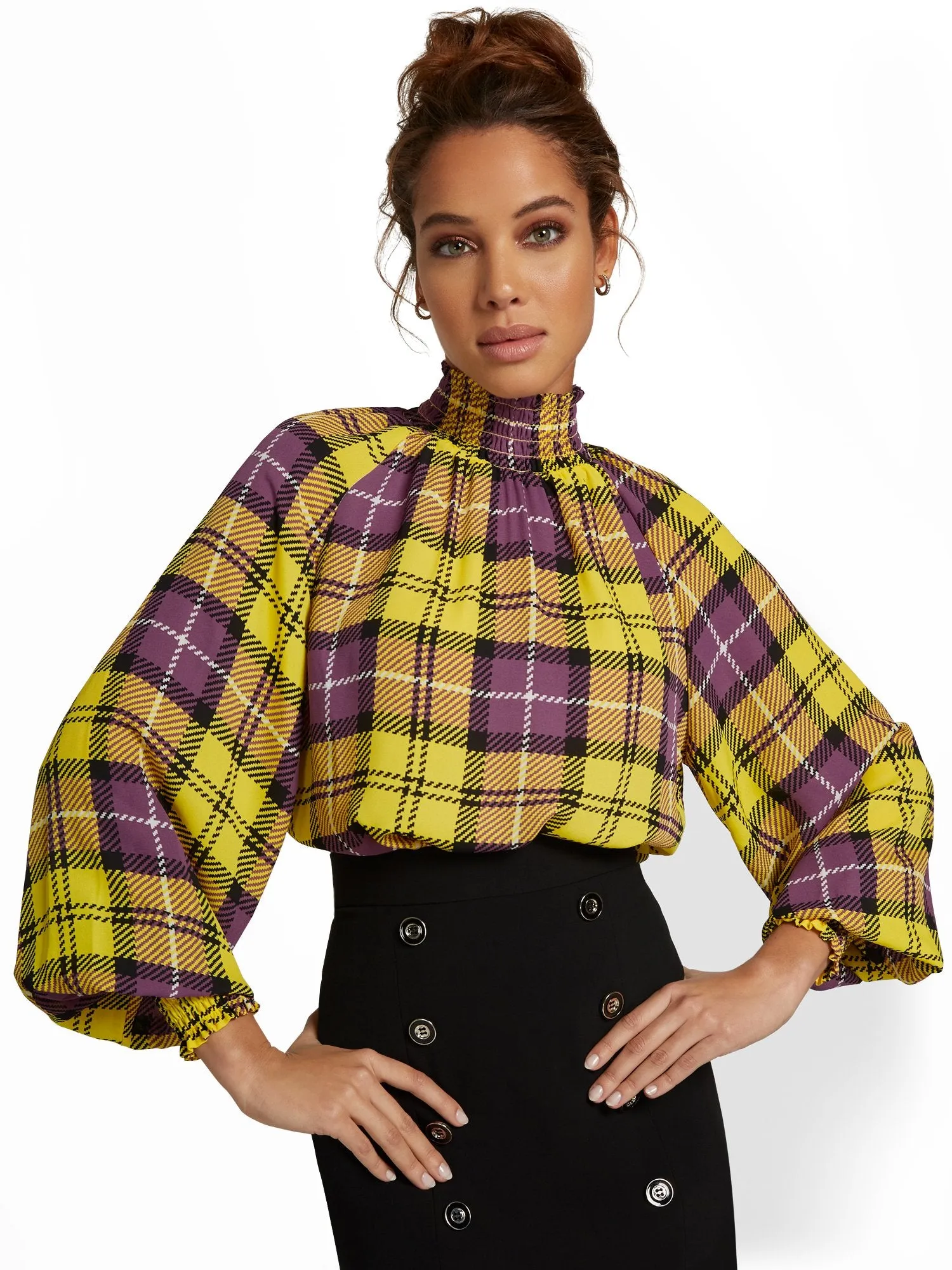 Plaid Turtleneck Dolman Blouse