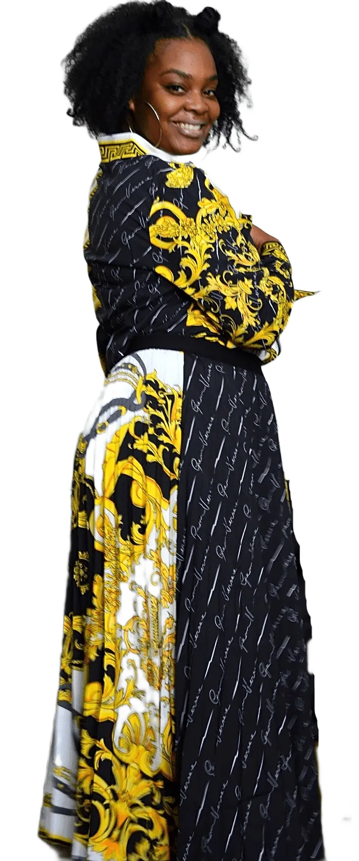 Pleated Print Maxi Skirt Suit