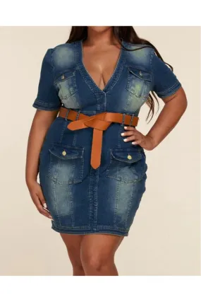 Plus Size Mini Denim Dress with Belt