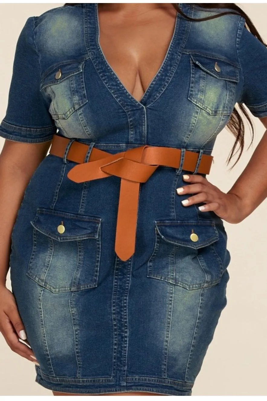 Plus Size Mini Denim Dress with Belt