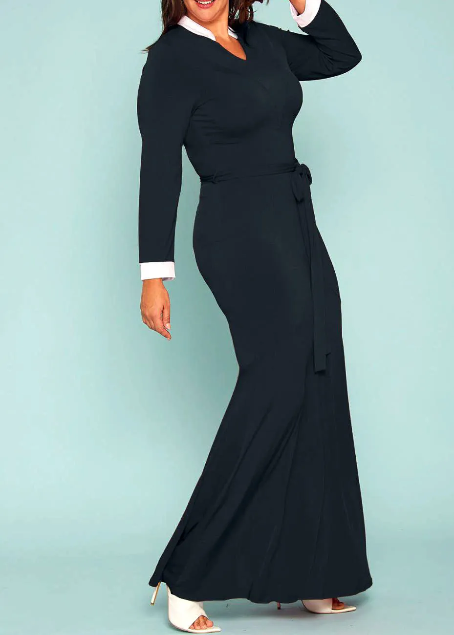 Plus Size Women Contrast Collared Gown Maxi Dress