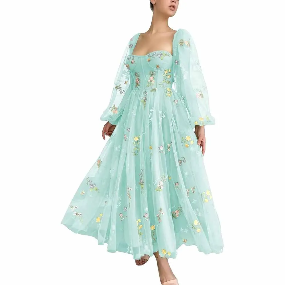 Puffy Sleeve Prom Dresses Flower Embroidery Tulle Formal Dress Evening Party Gowns