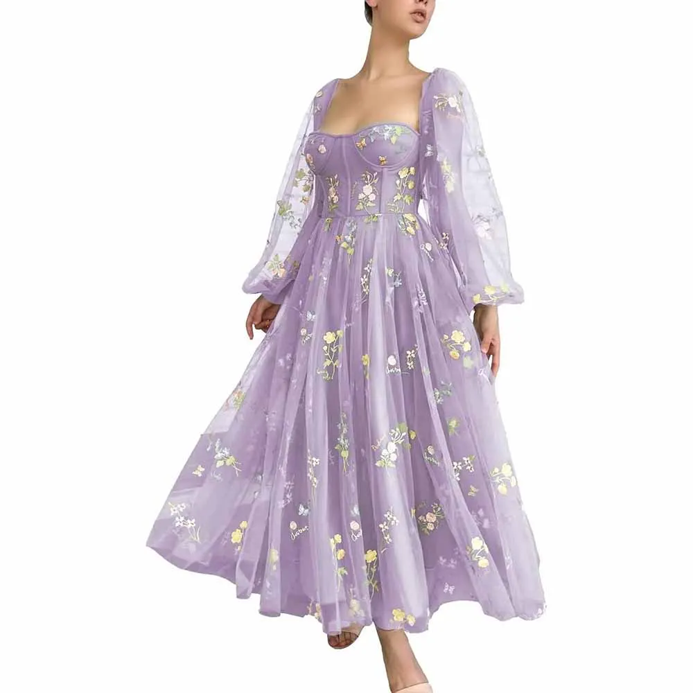 Puffy Sleeve Prom Dresses Flower Embroidery Tulle Formal Dress Evening Party Gowns