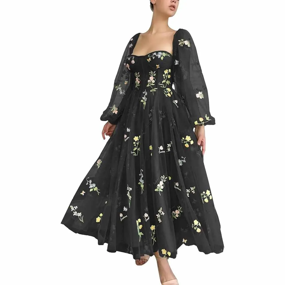 Puffy Sleeve Prom Dresses Flower Embroidery Tulle Formal Dress Evening Party Gowns