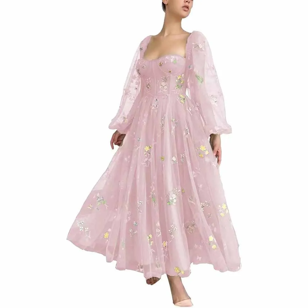 Puffy Sleeve Prom Dresses Flower Embroidery Tulle Formal Dress Evening Party Gowns