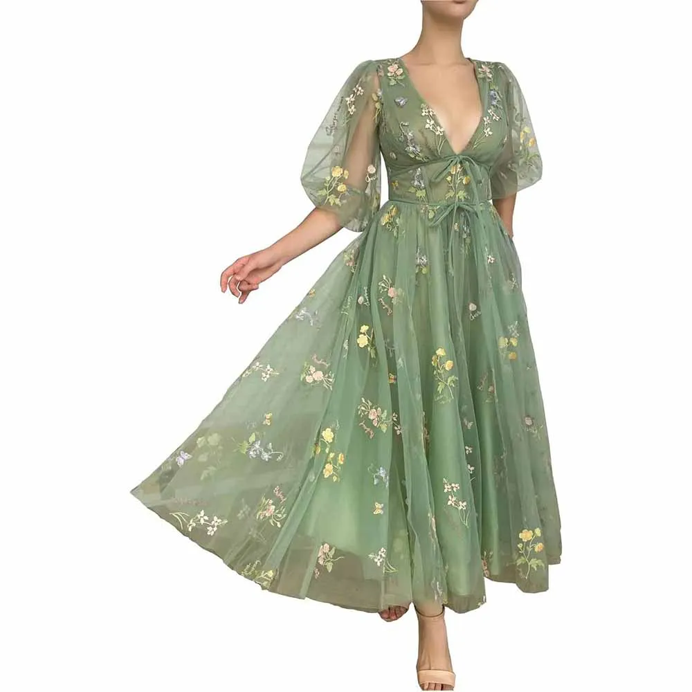 Puffy Sleeve Prom Dresses Flower Embroidery Tulle Formal Dress Evening Party Gowns