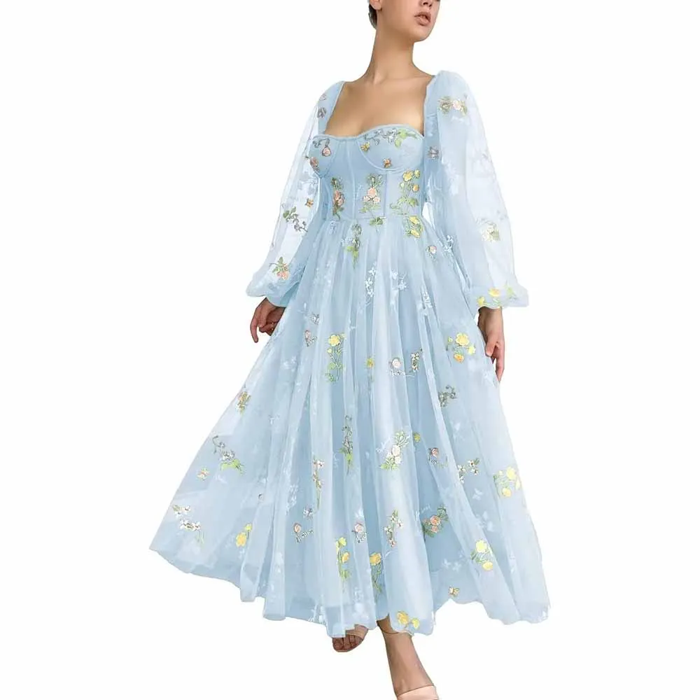 Puffy Sleeve Prom Dresses Flower Embroidery Tulle Formal Dress Evening Party Gowns