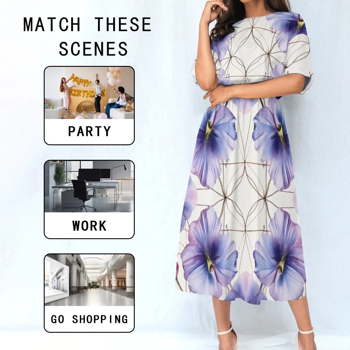 Purple Floral |Elastic Waist Dress