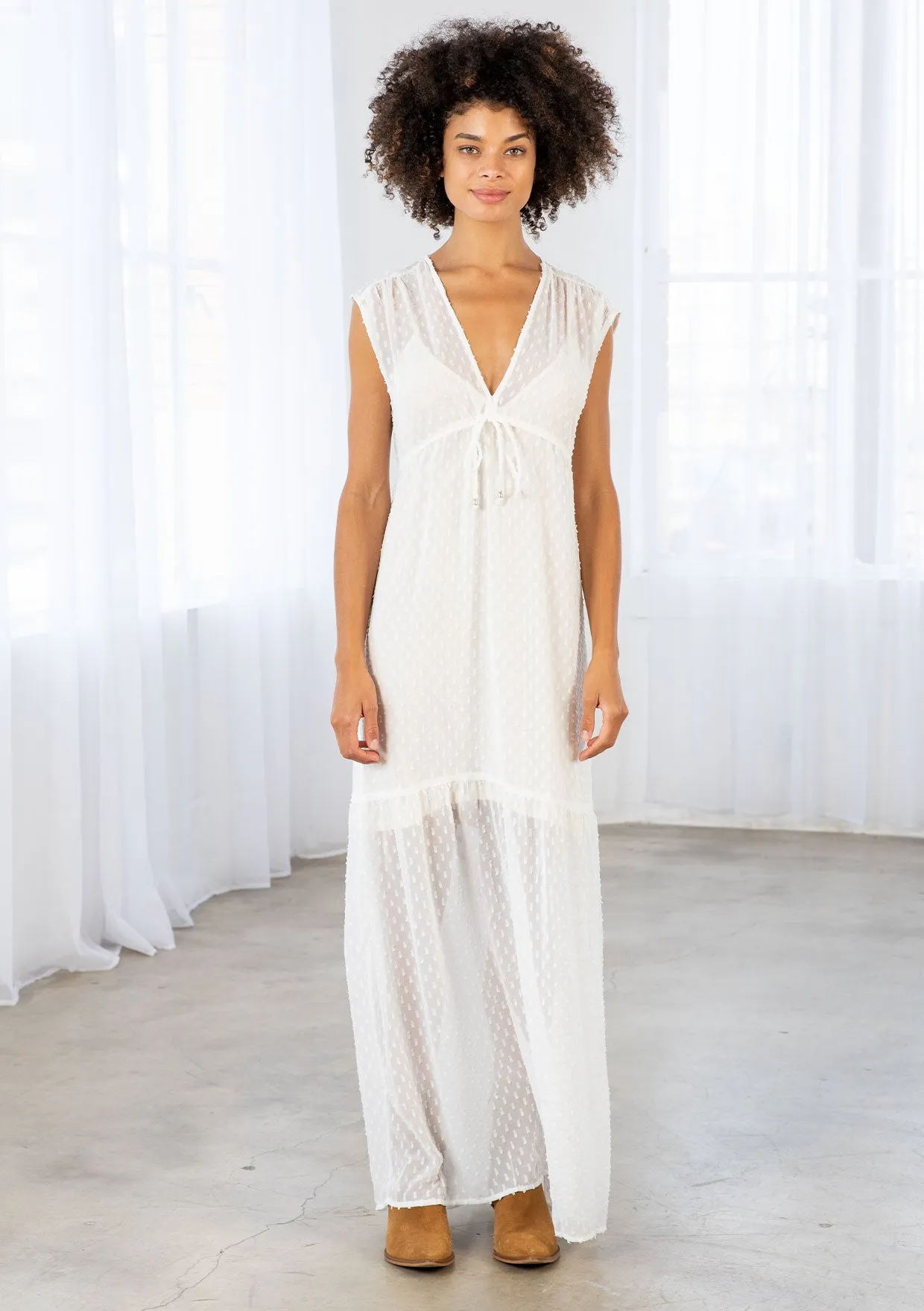 Sheer Swiss Dot Chiffon Sleeveless Maxi Dress