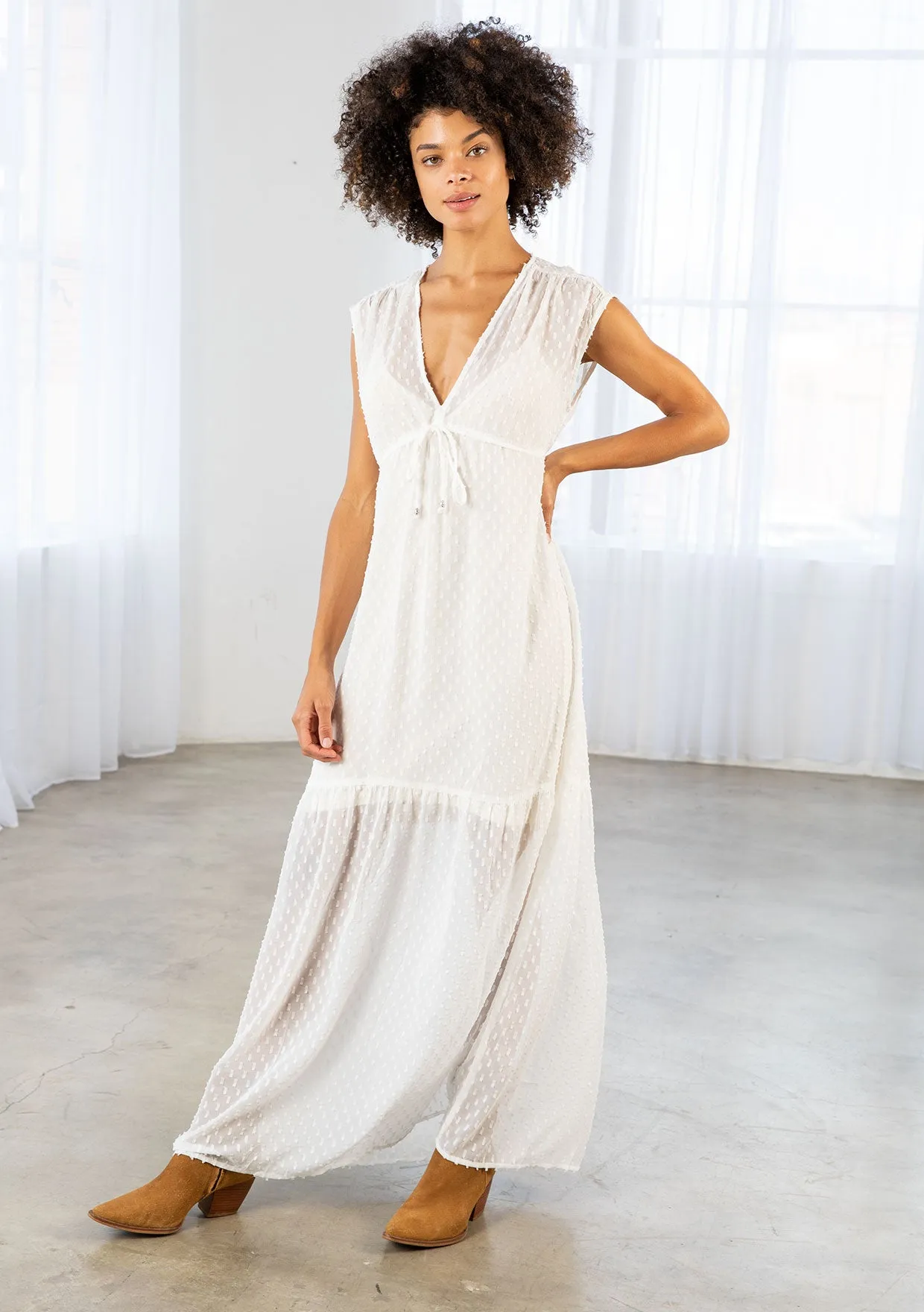 Sheer Swiss Dot Chiffon Sleeveless Maxi Dress