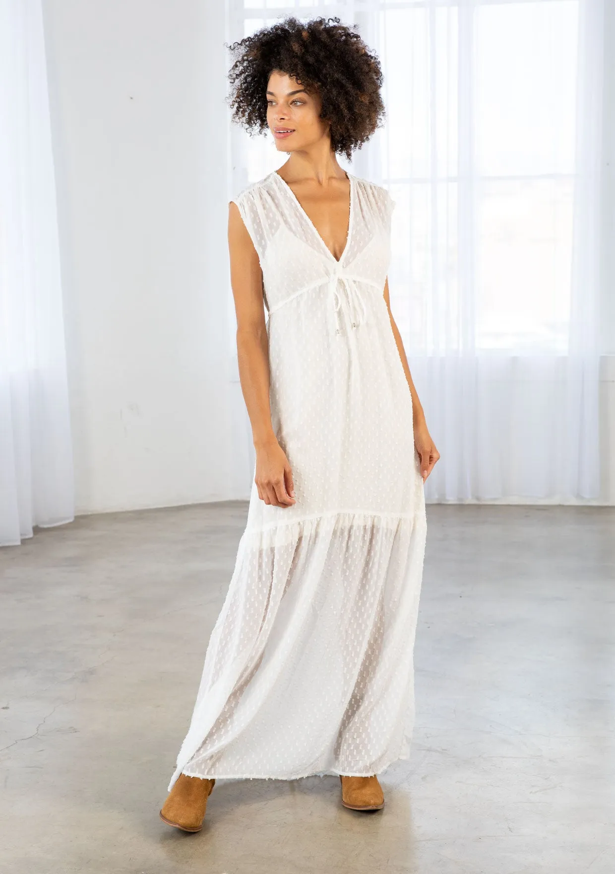 Sheer Swiss Dot Chiffon Sleeveless Maxi Dress