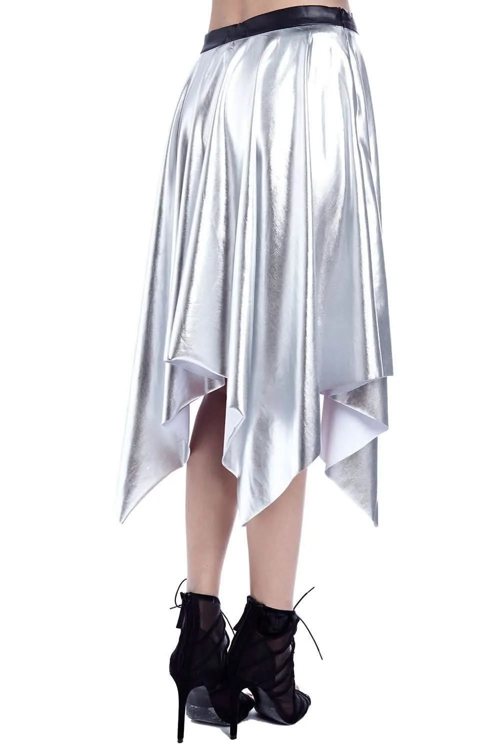 Shimmering Silver Pleated Midi Skirt with Stylish Leather Waistband