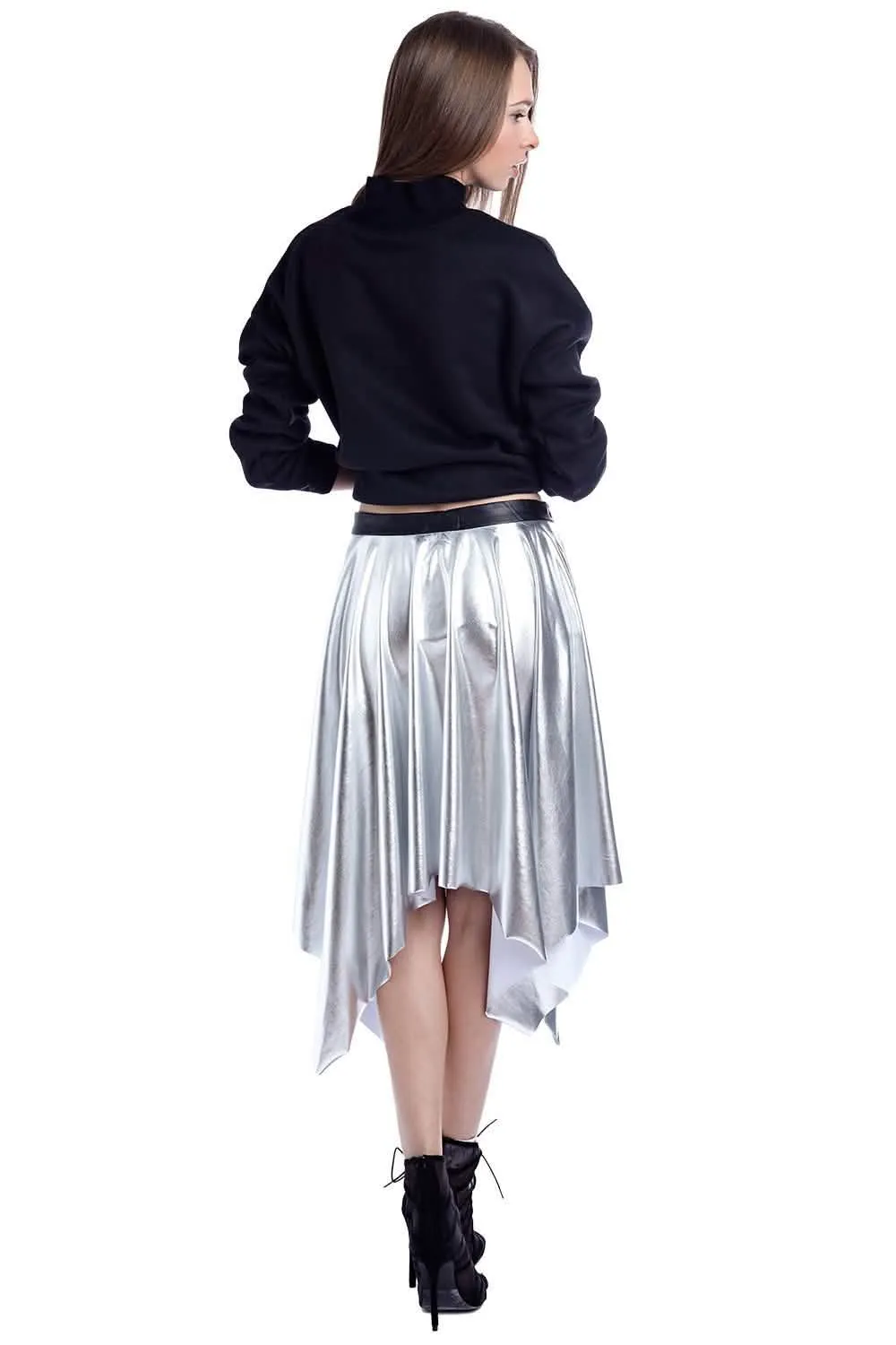 Shimmering Silver Pleated Midi Skirt with Stylish Leather Waistband