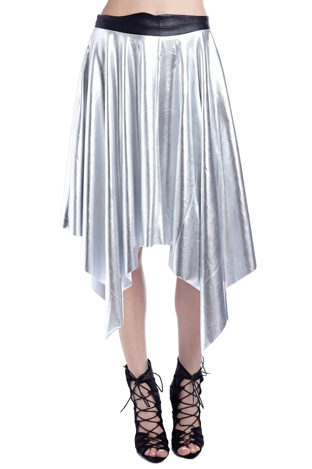 Shimmering Silver Pleated Midi Skirt with Stylish Leather Waistband