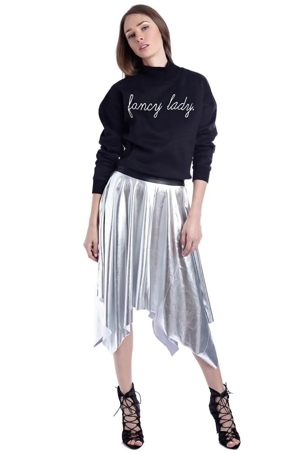 Shimmering Silver Pleated Midi Skirt with Stylish Leather Waistband