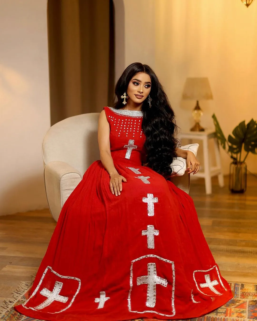 Shiny Red Modern Habesha Dress Design Silver Cross Beaded Ethiopian Traditional Dress
