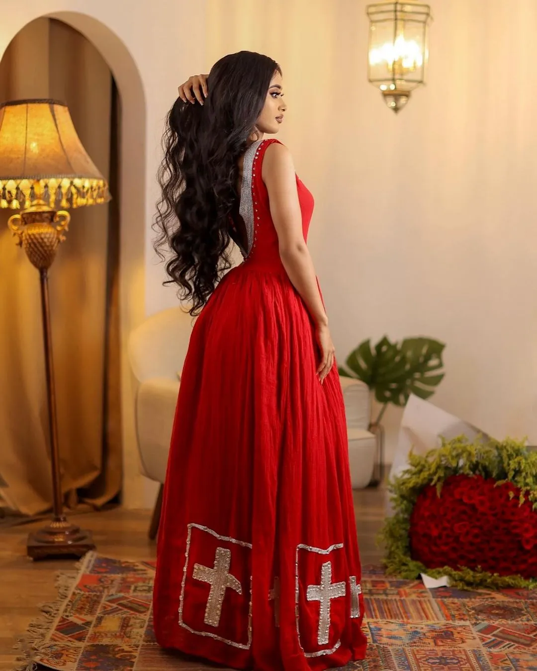 Shiny Red Modern Habesha Dress Design Silver Cross Beaded Ethiopian Traditional Dress