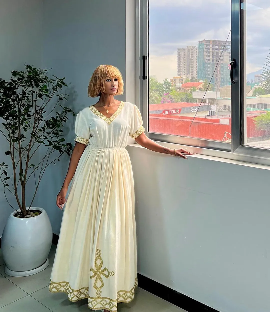 Short Sleeved Beige Habesha Dress: with Golden Handwoven Embroidery Traditional Ethiopian Dress