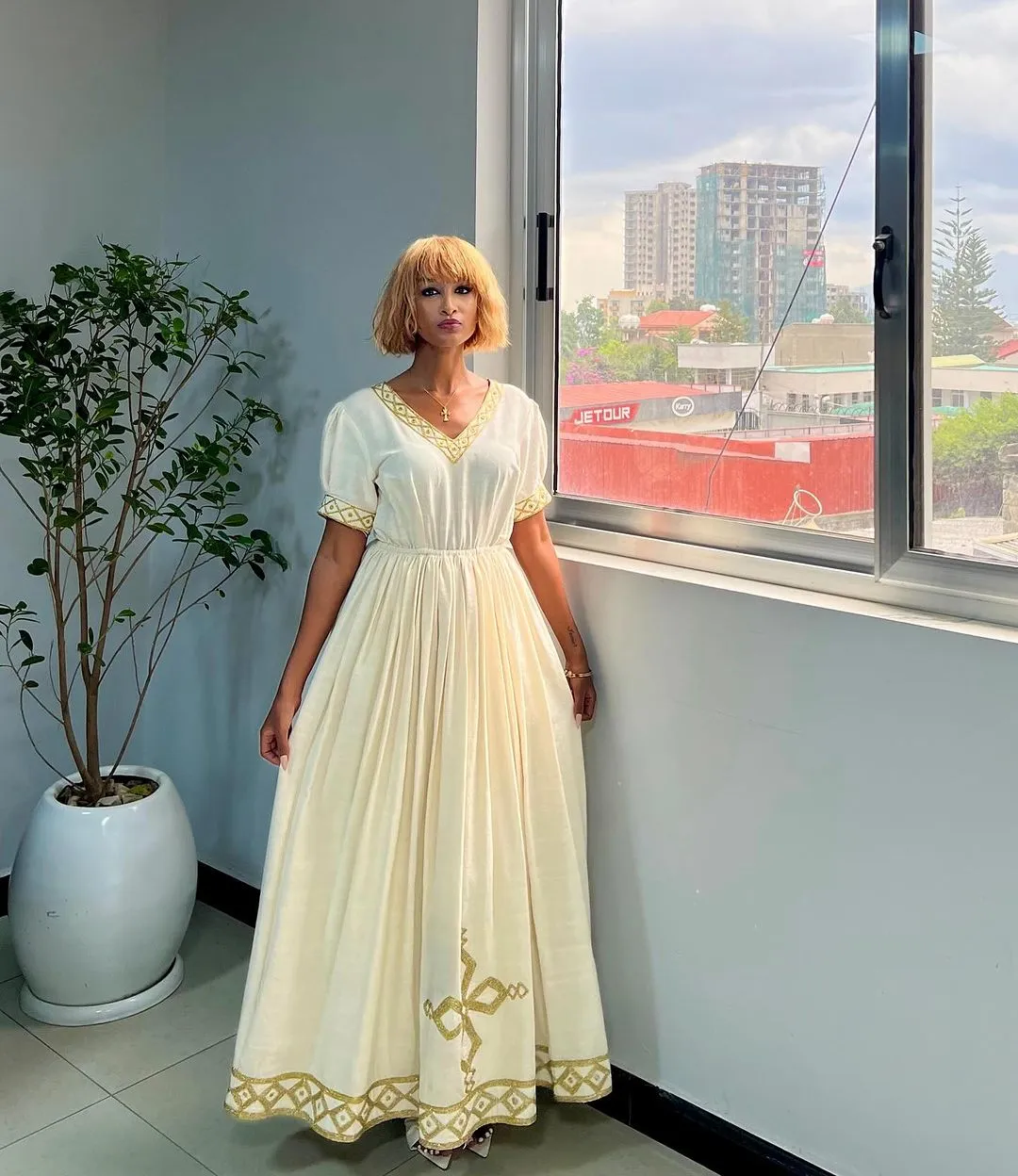 Short Sleeved Beige Habesha Dress: with Golden Handwoven Embroidery Traditional Ethiopian Dress