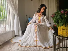 Simple Cross-Stitched Habesha Dress: with Multicolor Ornaments Traditional Ethiopian Dress