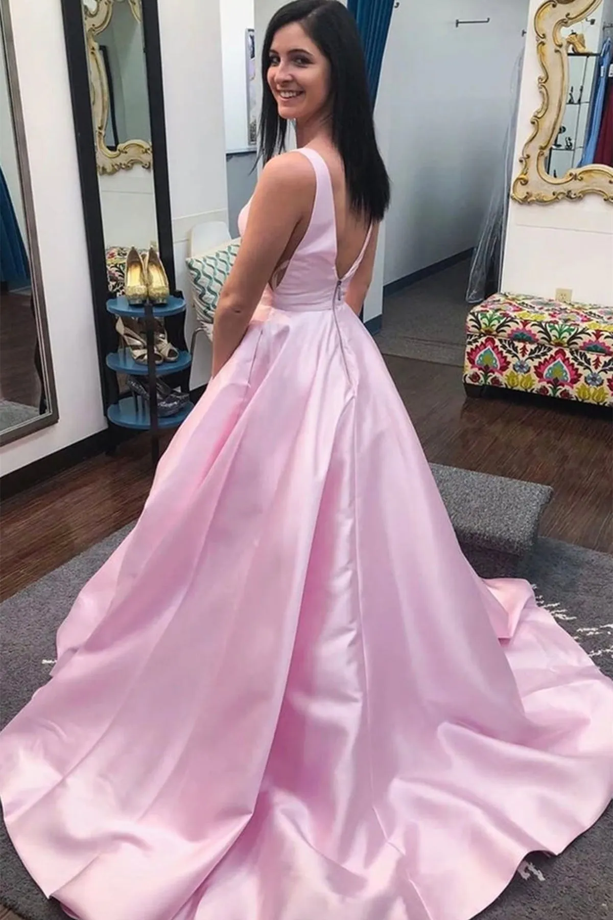 Simple V Neck Open Back Pink Satin Long Prom Dress, V Neck Pink Formal Graduation Evening Dress A1595
