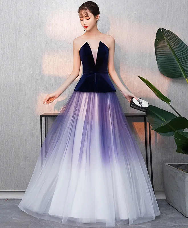 Simple V Neck Tulle Purple Long Prom Dress, Purple Evening Dress