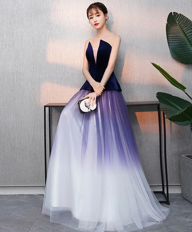 Simple V Neck Tulle Purple Long Prom Dress, Purple Evening Dress