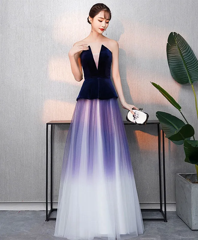 Simple V Neck Tulle Purple Long Prom Dress, Purple Evening Dress