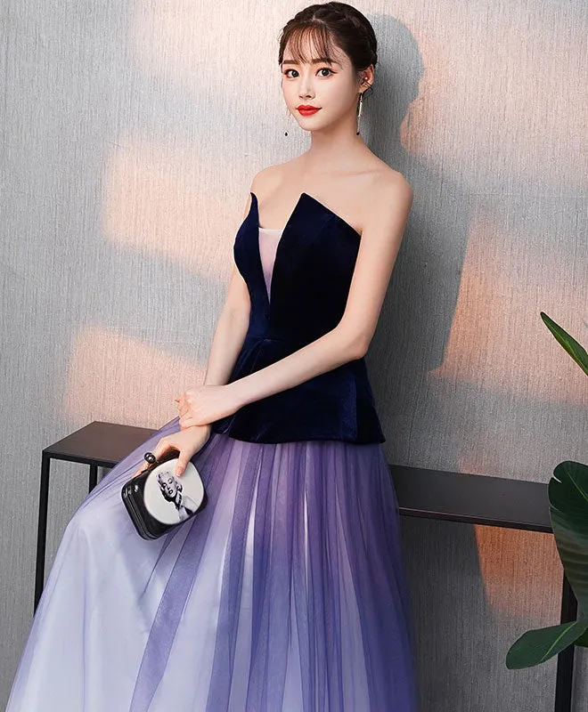 Simple V Neck Tulle Purple Long Prom Dress, Purple Evening Dress