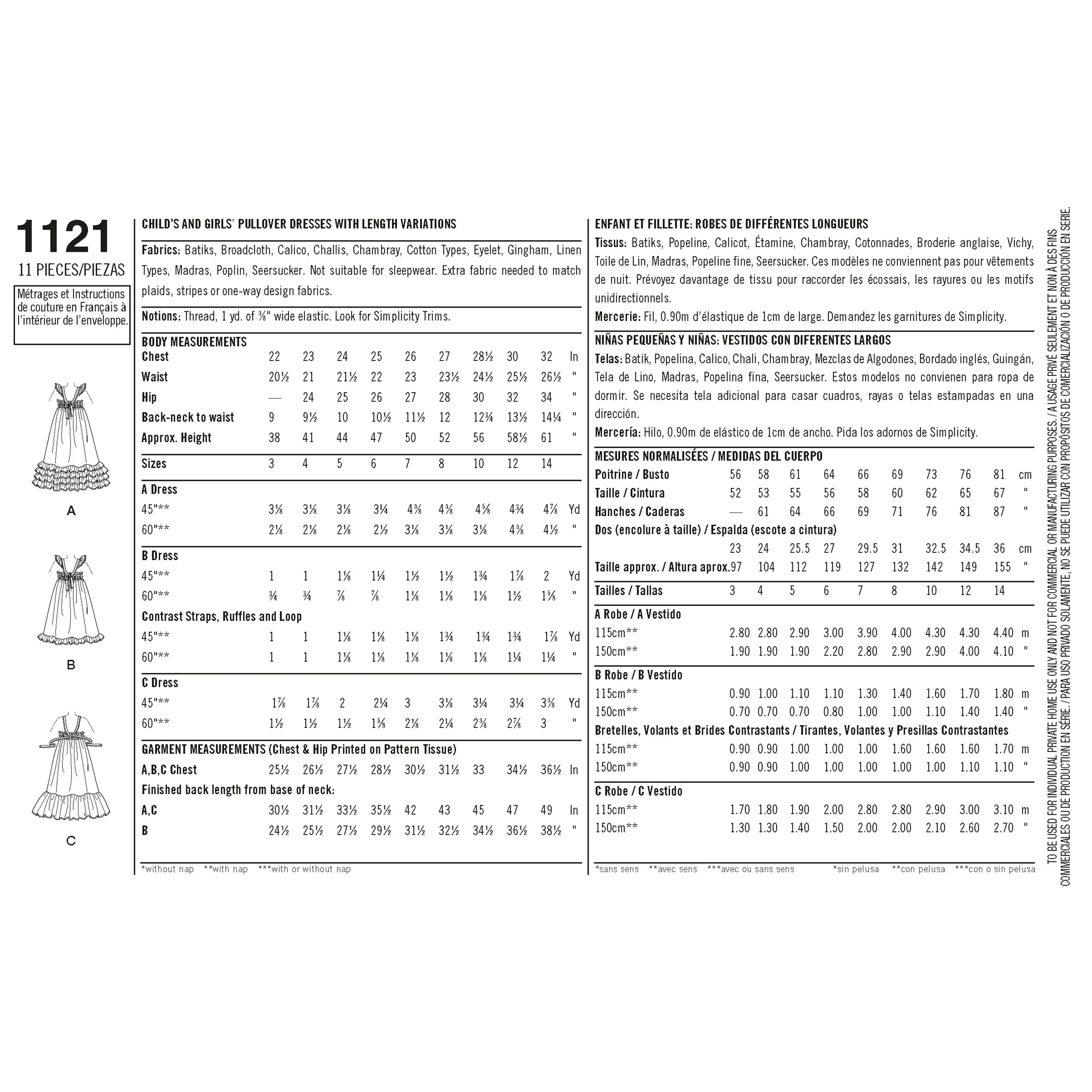 Simplicity Pattern 1121 Child's and Girls' Pullover Dresses