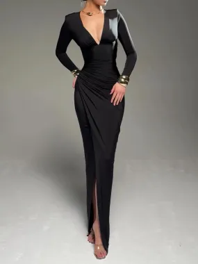 Solid Color Long Sleeve Deep V Pleated Dress for occasions